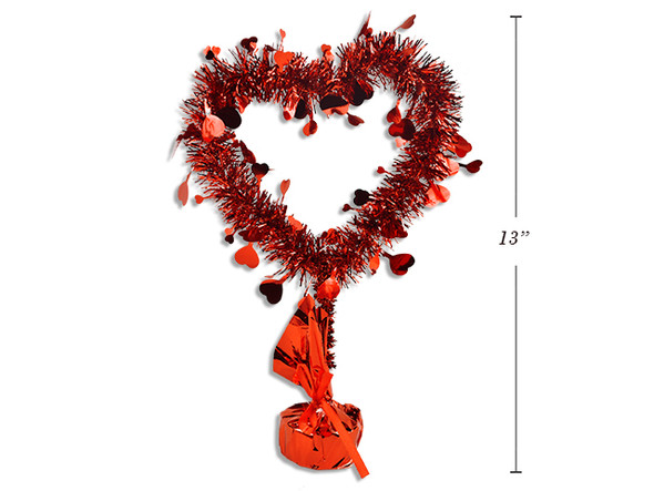 13in x 9in Valentine's Tinsel Heart Tabletop Decoration w/Weight. Cht.