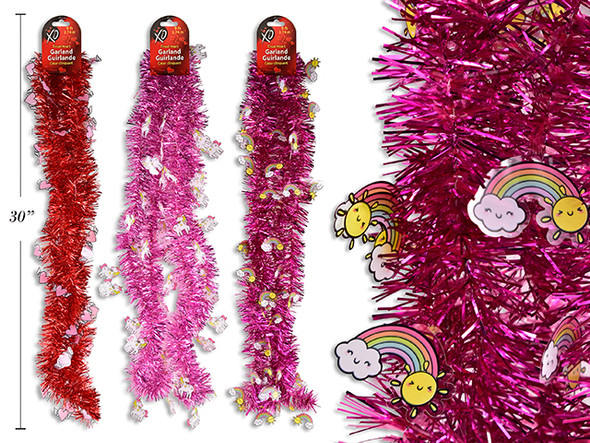 9ft x 3.6ply Vtine Die-Cut Printed Heart Tinsel Garland. 3in Tips. 3 Asst.Styles. h/c.