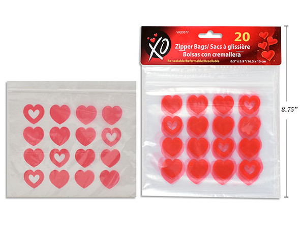 20pk 6-1/2in x 5-7/8in Valentine Zipper Bags pbh.