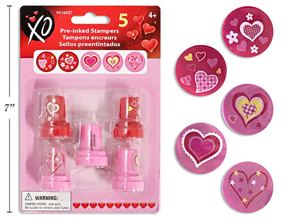 5pk Valentines Pre-Inked Stampers. b/c Assorted Designs.