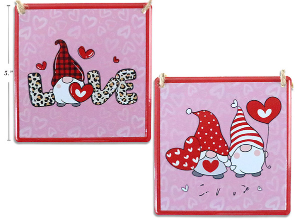 5in Gnome Hanging Square Metal Plaque w/ Jute Hanger. 2 Asst.Styles. English Only
