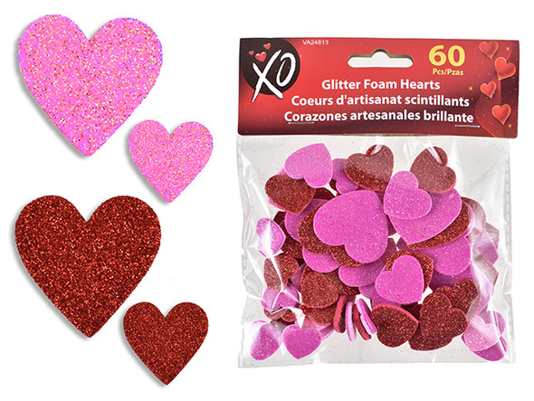 60pk V'tine Glitter EVA Foam Craft Hearts. 2 Asst. Pink/ Red. Size: 1in: 40pcs/ 1.5in: 20pcs. Pbh.