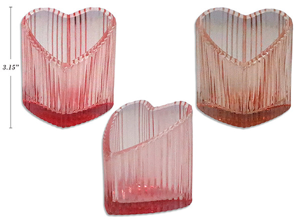 3.15in(H) Heart Shaped Ribbed Glass Candle Holder. 2 Asst.Colours.