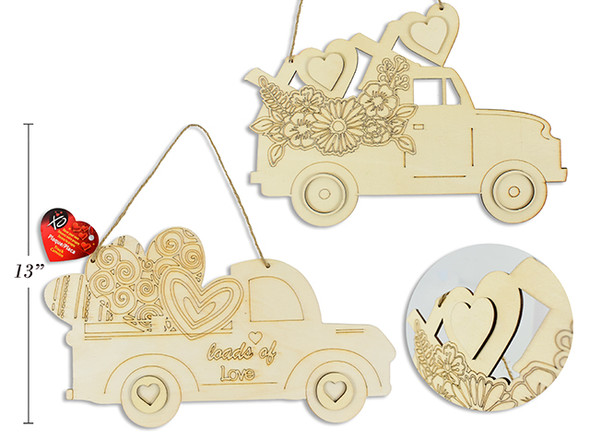 13in V'tine Decor Your Own 2-Layered Wooden Truck Plaque w/Jute Hanger. 2 Asst.Styles. Cht. English Only