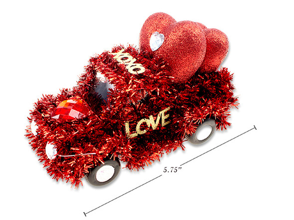 5.75in Vtine 3-D Tinsel Car w/Glitter Heart. 5.75in x 3in x 3.75in. Cht. English Only