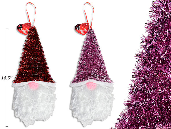 14.5in V'tine Tinsel Gnome Hanging Decoration. 2 Asst. Cht.