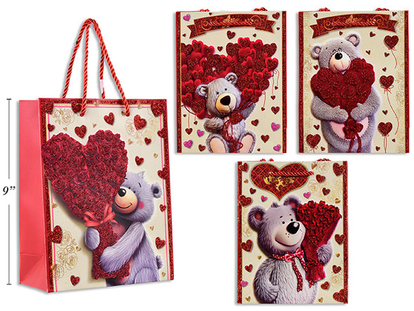 Gift Bags Red w/Glitter Bear-Medium (4 Styles)