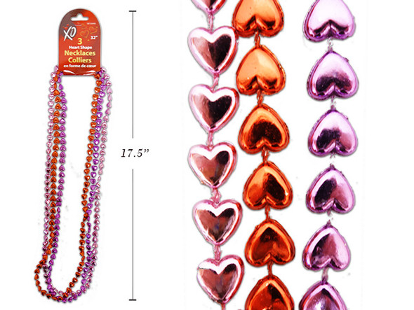 3pk 32in Beaded Heart Necklace. 3 Asst.Cols:Red/Purple/Pink. h/c