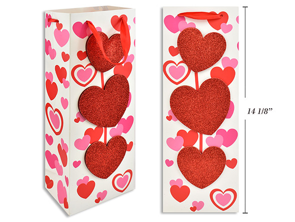Vtine Matte w/ Tip-On Glitter Heart Horizontal Giftbag- Bottle. Red Satin Handle. J-Hook.