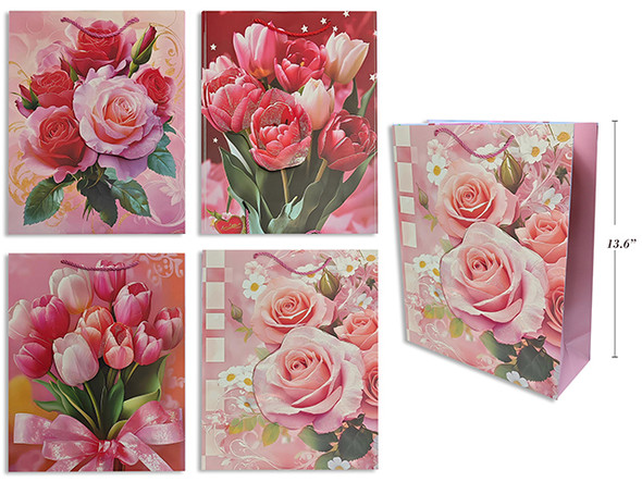Matte w/Glitter Pink Rose Bouquet Giftbag - Large. Large. PP Handle. 4 Asst.Styles. J-hook.