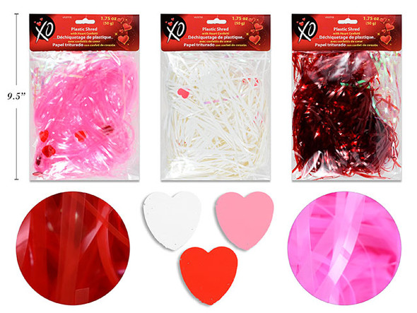 1.75oz V'tine Iridescent Plastic Shred w/Confetti Hearts. 3 Asst.Colours. Pbh.