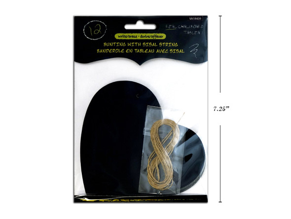 12pk Heart Chalk Board Bunting w/Sisal String. Heart: 4-7/8in (W) x 4-5/8in (H). Pbh.