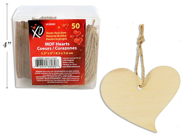 50pk V'tine Decor Your Own MDF Heart w/Pre-Cut Jute String. PVC Box w/Col.Label.