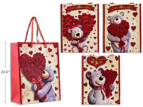 Gift Bags Red w/Glitter Bear-Large (4 Styles)