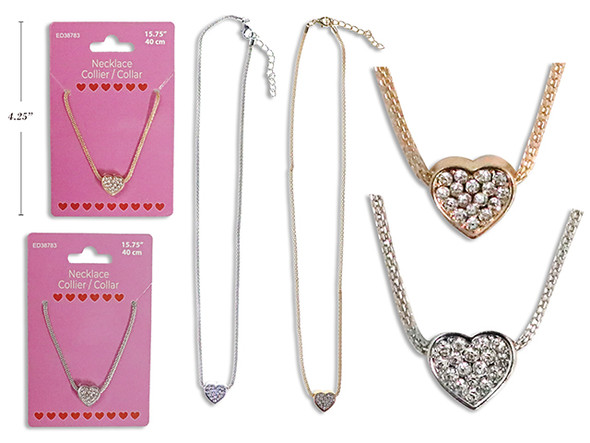 17.5in Necklace with Jeweled Heart Pendant. Heart Size: 0.5in x 0.5in. 2 Cols. T.o.c.