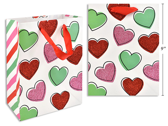 Glitter Heart Giftbag w/Satin Handle - Medium. J-Hook.