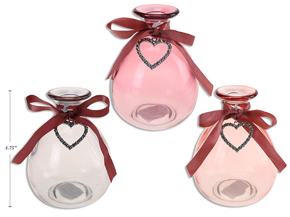4.75in V'tine Tinted Glass Vase w/ Heart Toggle + Satin Ribbon. 3 Asst.Cols.