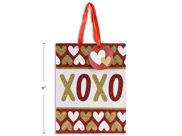 Vtine Matte Full Glitter XOXO Giftbag - Medium. Satin Ribbon Handle. J-hook.