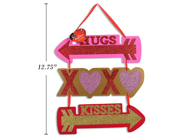 12.75in x 12in V'tine 3-Section Glitter MDF Directional Plaque. Satin Ribbon Hanger. Cht. English Only