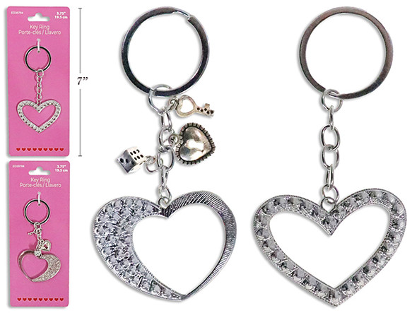 3.75in Emboss Heart Metal Key Ring. 2 Asst.Styles. T.o.c.
