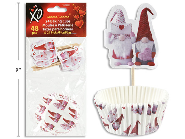 48pk Vtine Gnome 2in Baking Cups w/Picks. pbh.