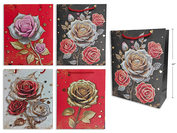 Matte w/Foil Metallic Rose Bud Giftbag - Medium. Medium. PP Handle. 4 Asst.Styles. J-hook.