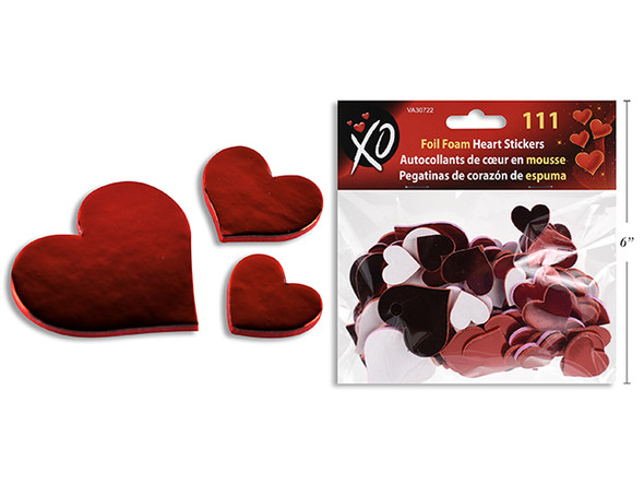 111pcs Vtine Foil Foam Heart Stickers. 3 Asst.Sizes/Pack. Pbh.