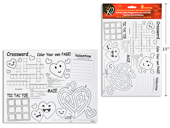 8pcs Vtine Decor Your Own Activity Mats. Sheet Size: 8.5in x 11in. Polybag w/Insert. English Only