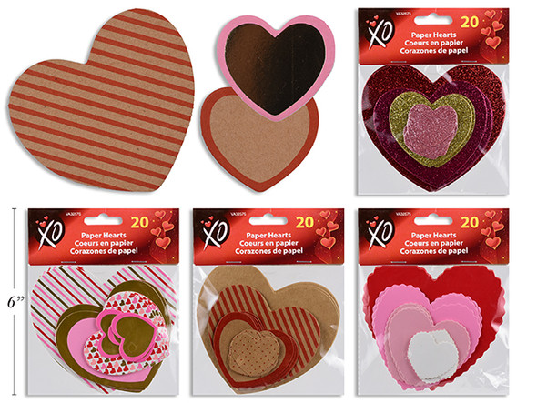 20pk V'tine Die-Cut Paper Heart. 4 Sizes/Pack. 4 Asst: Kraft/ Pastel/ Foil/ Full Glitter. Pbh.