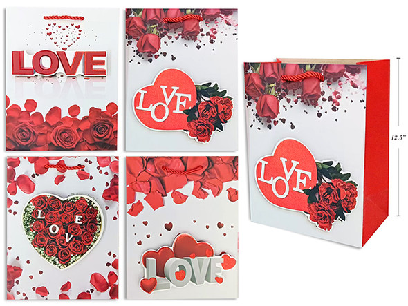 Matte w/Foil LOVE w/Rose Giftbag - Large. PP Handle. 4 Asst.Styles. J-hook. English Only