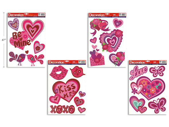 Glitter Valentine Window Clings. 4 Asst. Size: 17in x 12in. English Only
