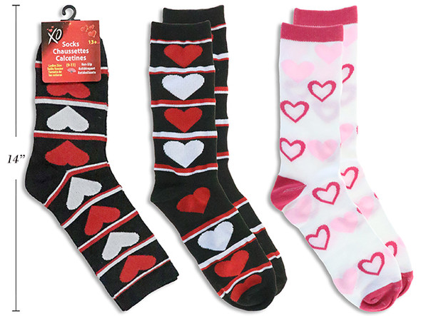 Ladies V'tine Printed Crew Socks. Size: 9-11. 2 Asst.Styles. J-hook w/Header. English Only