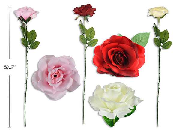 20.5in Single Stem Cotton Flannel Rose w/ 6 Leaves. 3 Cols: Pink / Red / Cream. Cht.