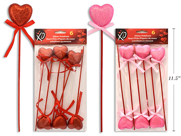 6pk 9.5in Glitter Polyfoam Heart Picks w/ Bow. 1.8in Heart Size. 2 Asst. Col Pink/ Red. Pbh.