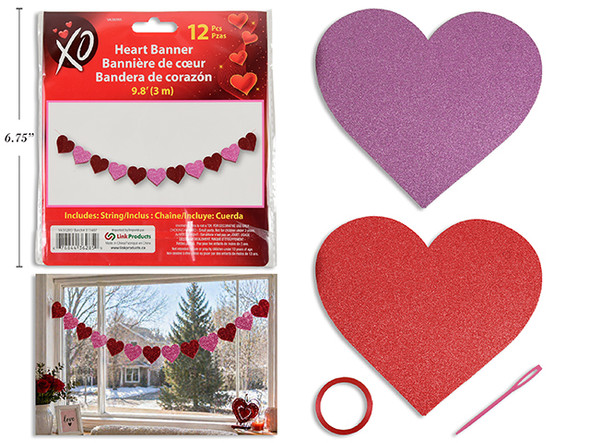 11pk Glitter Heart Paper Banner. Fold Over Header.