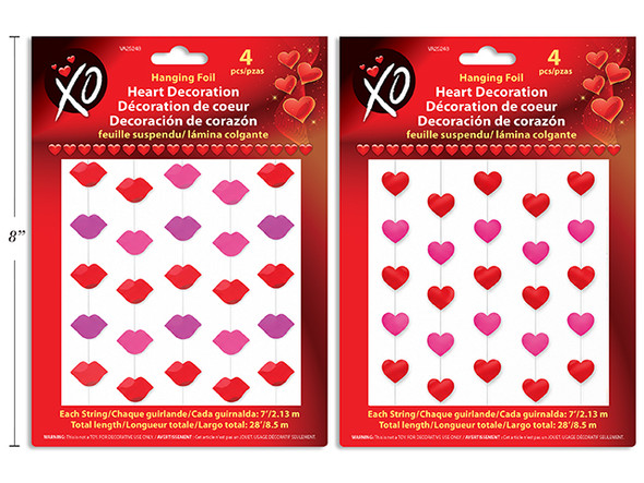 7ft 5pcs Foil Lips/Hearts Hanging Garland. 2 Cols/Pack: Red / Fuchsia. Polybag w/Insert.