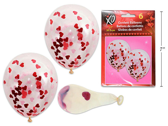 6pk 12in V'tine Confetti Balloons. Polybag w/Insert.