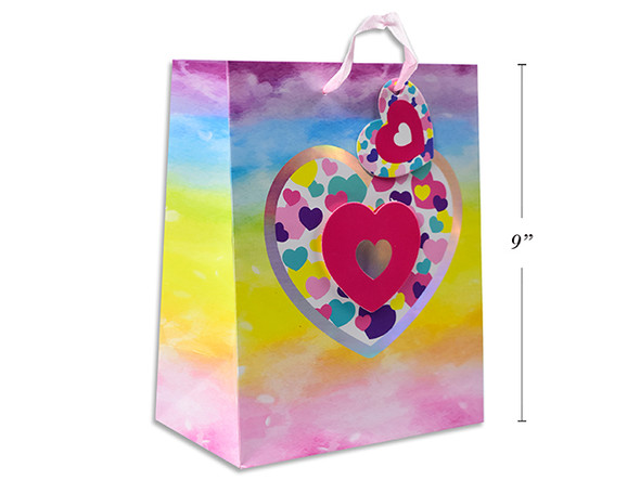 Glossy w/Foil Tip-On Heart Pastel Rainbow Giftbag - Medium. PP Handle.