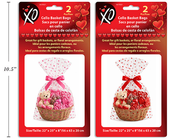 2pk Valentines Printed Cello Basket Bags. 19.7in x 27.6in. 2 Asst.Colours. Polybag w/Insert. English Only