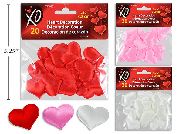 20pk 1.25in Fabric Heart Table Scatter. 3 Cols: Red / White / Pink. Pbh.