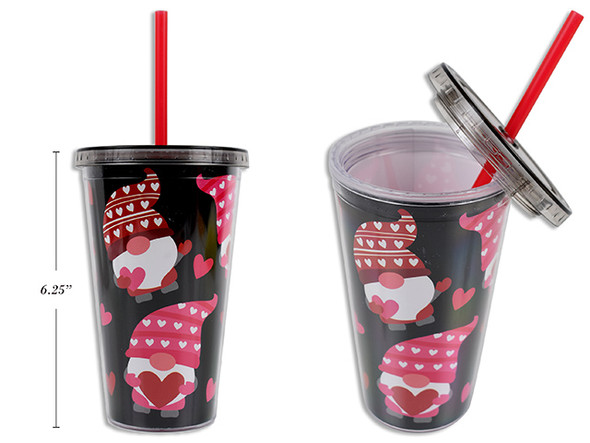 16oz (473ml) V'tine Printed Tumbler w/Straw & Lid. Size: 6.25in(H) x 4in(TD).