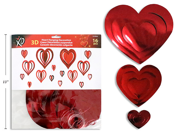 16ct 3-D Foil Heart Hanging Decoration. Fold Over Header.