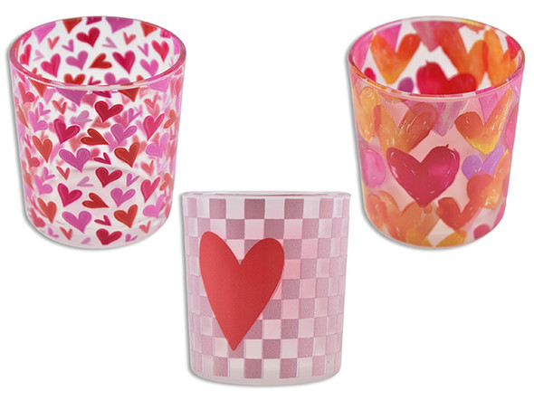 3.15in(H) V'tine Printed Glass Votive Candle Holder. 2.8in(D). 3 Asst.Styles. English Only