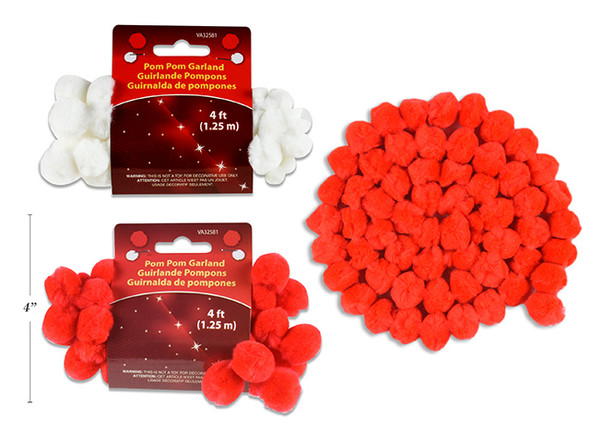 4ft (1.25m) Vtine Pom Pom Garland. 25mm Pom Pom. 2 Cols: Red / White. Wrap Header.