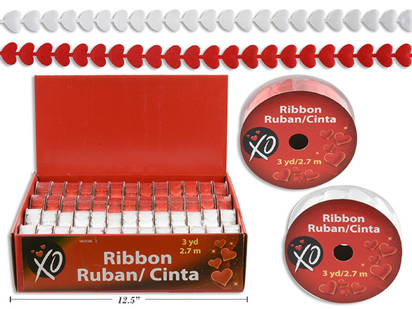 3yd (2.7m) x 0.75in V'tine Die-Cut Heart Ribbon. 2 Cols: Red / White. 52/Dsp.