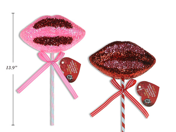 14.96in V'tine Glitter Foam Lips Pick. 6.3in(W). 2 Asst. Cht.