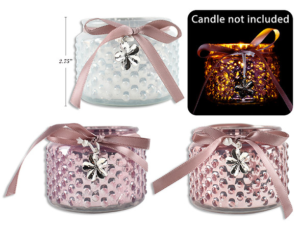 2.75in Vtine Frosted Glass Candle Holder w/ Pewter Flower Toggle + Satin Ribbon. 3 Asst.Cols.