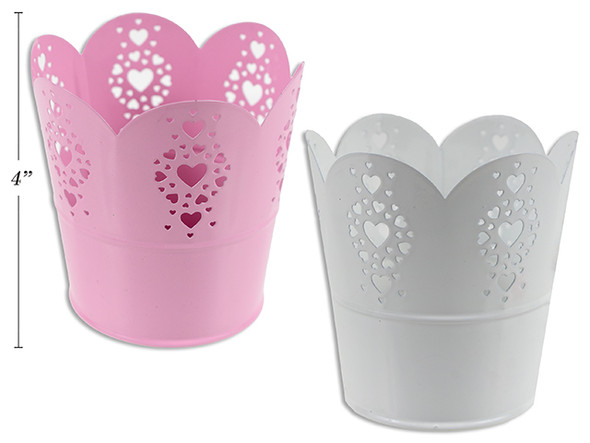3-7/8in(H) x 3-7/8in(D) Metal Die-Cut Lace Heart Planter. 2 Cols: White / Pink.