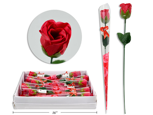 14.5in Single Stem Rose in Cello Wrap + Ribbon. 38/Dsp.
