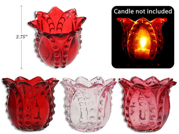 2.75in (H) x 3.25in (Dia) Embossed Tulip Glass T-Light Votive Candle Holder. 3 Asst. Col.